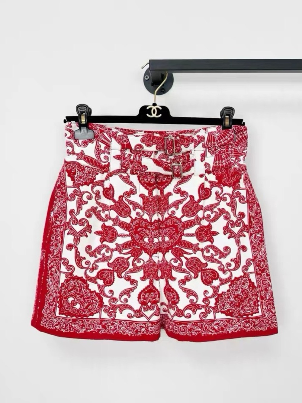 Dior High-Waist Red and White Paisley Shorts